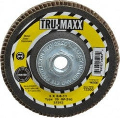Tru-Maxx - 40 Grit, 5" Disc Diam, 5/8-11 Center Hole, Type 29 Zirconia Alumina Flap Disc - 12,200 Max RPM, Arbor Attaching System, Coated - Exact Tooling