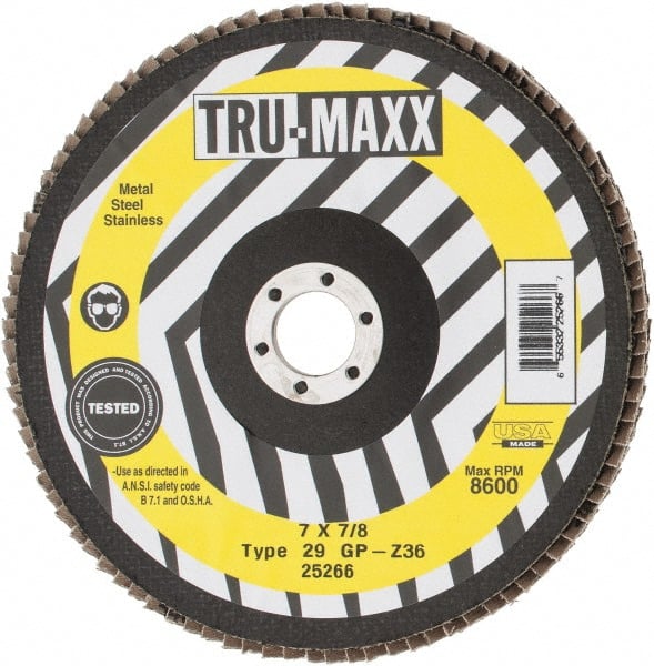 Tru-Maxx - 36 Grit, 7" Disc Diam, 7/8" Center Hole, Type 29 Zirconia Alumina Flap Disc - 8,600 Max RPM, Arbor Attaching System, Coated - Exact Tooling