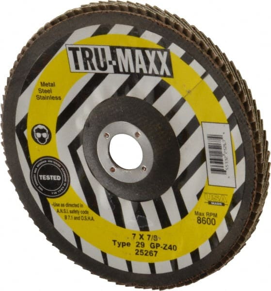 Tru-Maxx - 40 Grit, 7" Disc Diam, 7/8" Center Hole, Type 29 Zirconia Alumina Flap Disc - 8,600 Max RPM, Arbor Attaching System, Coated - Exact Tooling