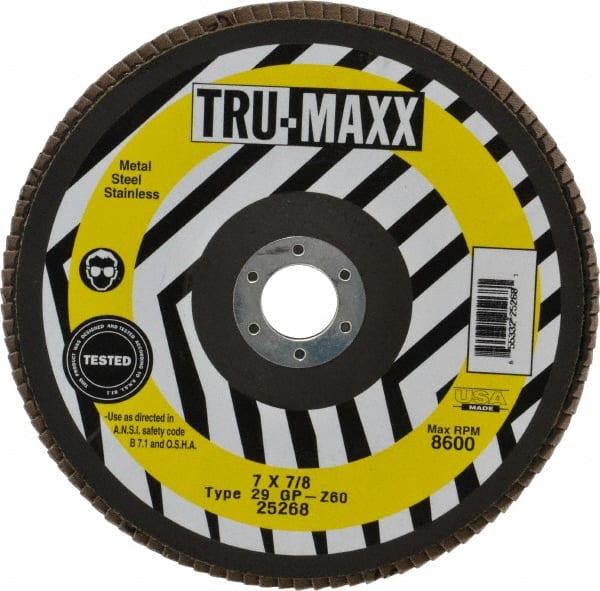 Tru-Maxx - 60 Grit, 7" Disc Diam, 7/8" Center Hole, Type 29 Zirconia Alumina Flap Disc - 8,600 Max RPM, Arbor Attaching System, Coated - Exact Tooling
