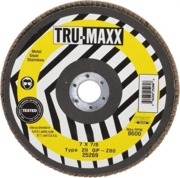 Tru-Maxx - 80 Grit, 7" Disc Diam, 7/8" Center Hole, Type 29 Zirconia Alumina Flap Disc - 8,600 Max RPM, Arbor Attaching System, Coated - Exact Tooling