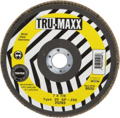 Tru-Maxx - 80 Grit, 7" Disc Diam, 7/8" Center Hole, Type 29 Zirconia Alumina Flap Disc - 8,600 Max RPM, Arbor Attaching System, Coated - Exact Tooling