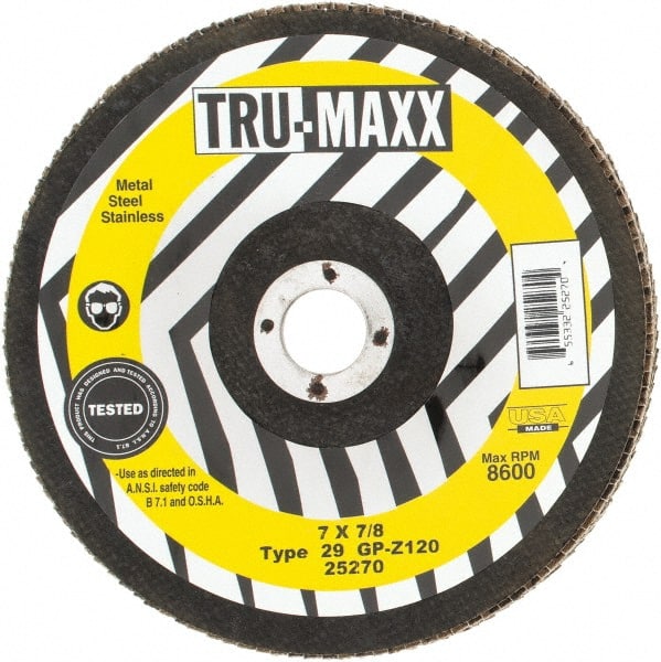 Tru-Maxx - 120 Grit, 7" Disc Diam, 7/8" Center Hole, Type 29 Zirconia Alumina Flap Disc - 8,600 Max RPM, Arbor Attaching System, Coated - Exact Tooling