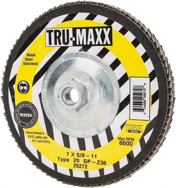 Tru-Maxx - 36 Grit, 7" Disc Diam, 5/8-11 Center Hole, Type 29 Zirconia Alumina Flap Disc - 8,600 Max RPM, Arbor Attaching System, Coated - Exact Tooling