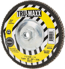 Tru-Maxx - 36 Grit, 7" Disc Diam, 5/8-11 Center Hole, Type 29 Zirconia Alumina Flap Disc - 8,600 Max RPM, Arbor Attaching System, Coated - Exact Tooling