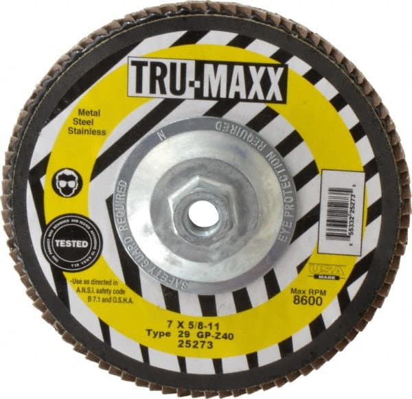 Tru-Maxx - 40 Grit, 7" Disc Diam, 5/8-11 Center Hole, Type 29 Zirconia Alumina Flap Disc - 8,600 Max RPM, Arbor Attaching System, Coated - Exact Tooling