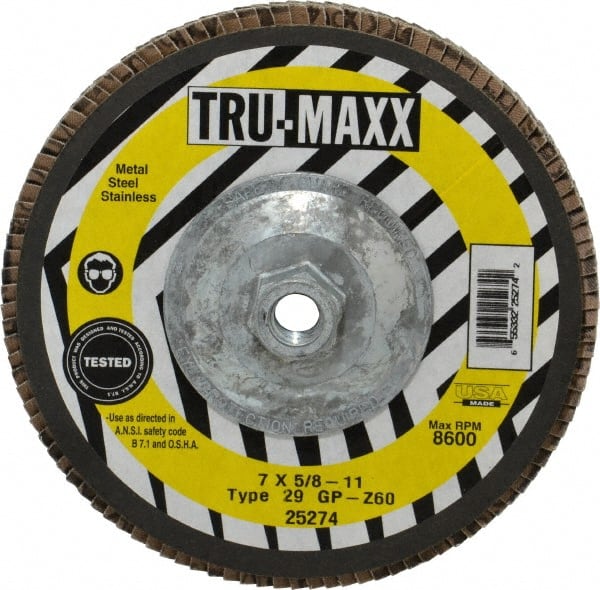 Tru-Maxx - 60 Grit, 7" Disc Diam, 5/8-11 Center Hole, Type 29 Zirconia Alumina Flap Disc - 8,600 Max RPM, Arbor Attaching System, Coated - Exact Tooling