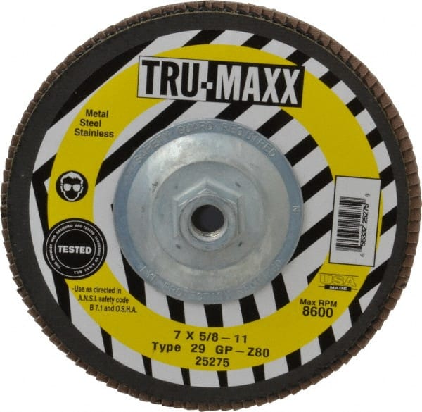 Tru-Maxx - 80 Grit, 7" Disc Diam, 5/8-11 Center Hole, Type 29 Zirconia Alumina Flap Disc - 8,600 Max RPM, Arbor Attaching System, Coated - Exact Tooling