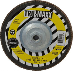 Tru-Maxx - 80 Grit, 7" Disc Diam, 5/8-11 Center Hole, Type 29 Zirconia Alumina Flap Disc - 8,600 Max RPM, Arbor Attaching System, Coated - Exact Tooling