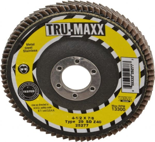 Tru-Maxx - 40 Grit, 4-1/2" Disc Diam, 7/8" Center Hole, Type 29 Zirconia Alumina Flap Disc - 13,300 Max RPM, Arbor Attaching System, Coated - Exact Tooling