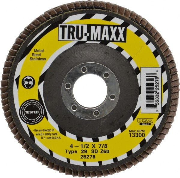 Tru-Maxx - 60 Grit, 4-1/2" Disc Diam, 7/8" Center Hole, Type 29 Zirconia Alumina Flap Disc - 13,300 Max RPM, Arbor Attaching System, Coated - Exact Tooling