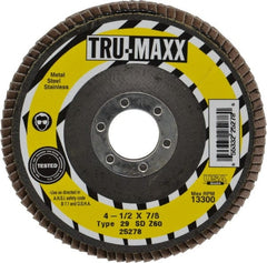 Tru-Maxx - 60 Grit, 4-1/2" Disc Diam, 7/8" Center Hole, Type 29 Zirconia Alumina Flap Disc - 13,300 Max RPM, Arbor Attaching System, Coated - Exact Tooling