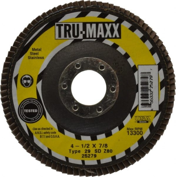 Tru-Maxx - 80 Grit, 4-1/2" Disc Diam, 7/8" Center Hole, Type 29 Zirconia Alumina Flap Disc - 13,300 Max RPM, Arbor Attaching System, Coated - Exact Tooling