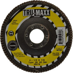 Tru-Maxx - 80 Grit, 4-1/2" Disc Diam, 7/8" Center Hole, Type 29 Zirconia Alumina Flap Disc - 13,300 Max RPM, Arbor Attaching System, Coated - Exact Tooling