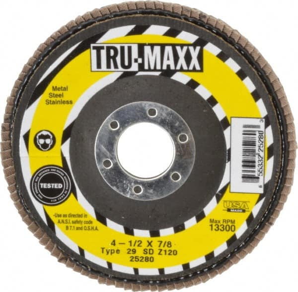Tru-Maxx - 120 Grit, 4-1/2" Disc Diam, 7/8" Center Hole, Type 29 Zirconia Alumina Flap Disc - 13,300 Max RPM, Arbor Attaching System, Coated - Exact Tooling