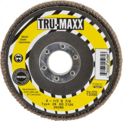 Tru-Maxx - 120 Grit, 4-1/2" Disc Diam, 7/8" Center Hole, Type 29 Zirconia Alumina Flap Disc - 13,300 Max RPM, Arbor Attaching System, Coated - Exact Tooling