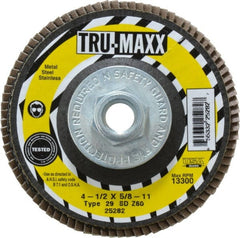 Tru-Maxx - 60 Grit, 4-1/2" Disc Diam, 5/8-11 Center Hole, Type 29 Zirconia Alumina Flap Disc - 13,300 Max RPM, Arbor Attaching System, Coated - Exact Tooling