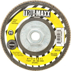 Tru-Maxx - 80 Grit, 4-1/2" Disc Diam, 5/8-11 Center Hole, Type 29 Zirconia Alumina Flap Disc - 13,300 Max RPM, Arbor Attaching System, Coated - Exact Tooling
