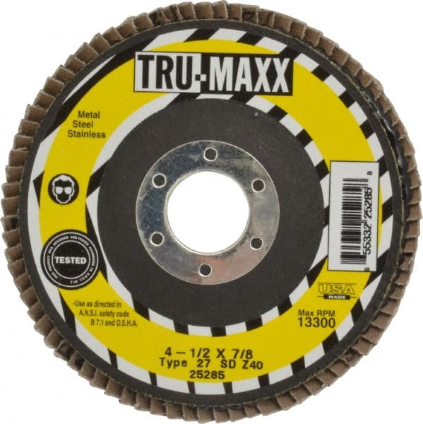 Tru-Maxx - 40 Grit, 4-1/2" Disc Diam, 7/8" Center Hole, Type 27 Zirconia Alumina Flap Disc - 13,300 Max RPM, Arbor Attaching System, Coated - Exact Tooling