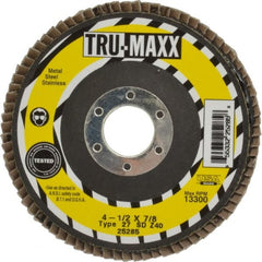 Tru-Maxx - 40 Grit, 4-1/2" Disc Diam, 7/8" Center Hole, Type 27 Zirconia Alumina Flap Disc - 13,300 Max RPM, Arbor Attaching System, Coated - Exact Tooling