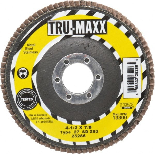 Tru-Maxx - 60 Grit, 4-1/2" Disc Diam, 7/8" Center Hole, Type 27 Zirconia Alumina Flap Disc - 13,300 Max RPM, Arbor Attaching System, Coated - Exact Tooling