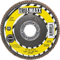 Tru-Maxx - 60 Grit, 4-1/2" Disc Diam, 7/8" Center Hole, Type 27 Zirconia Alumina Flap Disc - 13,300 Max RPM, Arbor Attaching System, Coated - Exact Tooling
