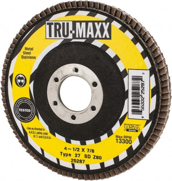 Tru-Maxx - 80 Grit, 4-1/2" Disc Diam, 7/8" Center Hole, Type 27 Zirconia Alumina Flap Disc - 13,300 Max RPM, Arbor Attaching System, Coated - Exact Tooling