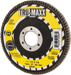 Tru-Maxx - 80 Grit, 4-1/2" Disc Diam, 7/8" Center Hole, Type 27 Zirconia Alumina Flap Disc - 13,300 Max RPM, Arbor Attaching System, Coated - Exact Tooling