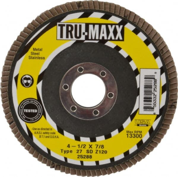 Tru-Maxx - 120 Grit, 4-1/2" Disc Diam, 7/8" Center Hole, Type 27 Zirconia Alumina Flap Disc - 13,300 Max RPM, Arbor Attaching System, Coated - Exact Tooling
