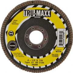 Tru-Maxx - 120 Grit, 4-1/2" Disc Diam, 7/8" Center Hole, Type 27 Zirconia Alumina Flap Disc - 13,300 Max RPM, Arbor Attaching System, Coated - Exact Tooling