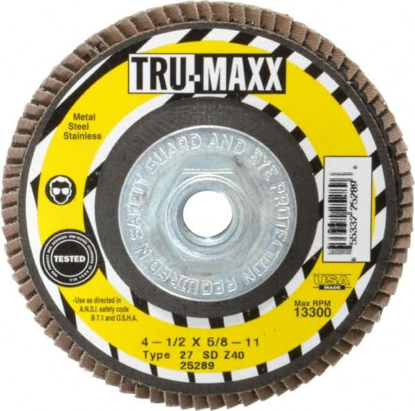 Tru-Maxx - 40 Grit, 4-1/2" Disc Diam, 5/8-11 Center Hole, Type 27 Zirconia Alumina Flap Disc - 13,300 Max RPM, Arbor Attaching System, Coated - Exact Tooling