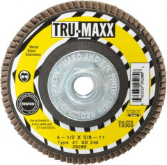 Tru-Maxx - 40 Grit, 4-1/2" Disc Diam, 5/8-11 Center Hole, Type 27 Zirconia Alumina Flap Disc - 13,300 Max RPM, Arbor Attaching System, Coated - Exact Tooling