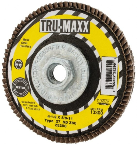 Tru-Maxx - 60 Grit, 4-1/2" Disc Diam, 5/8-11 Center Hole, Type 27 Zirconia Alumina Flap Disc - 13,300 Max RPM, Arbor Attaching System, Coated - Exact Tooling