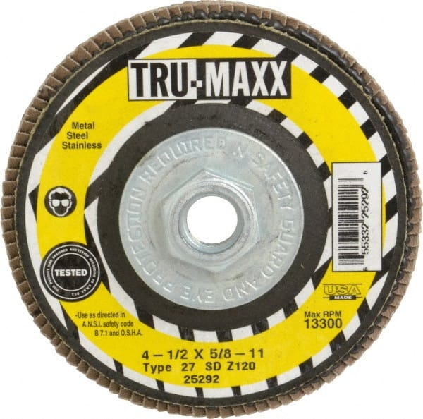 Tru-Maxx - 120 Grit, 4-1/2" Disc Diam, 5/8-11 Center Hole, Type 27 Zirconia Alumina Flap Disc - 13,300 Max RPM, Arbor Attaching System, Coated - Exact Tooling