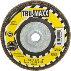 Tru-Maxx - 120 Grit, 4-1/2" Disc Diam, 5/8-11 Center Hole, Type 27 Zirconia Alumina Flap Disc - 13,300 Max RPM, Arbor Attaching System, Coated - Exact Tooling