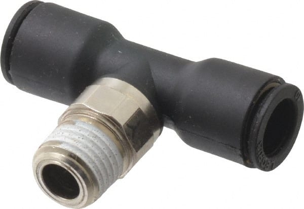 Legris - 10mm OD, 1/4 NPT, Nylon/Nickel Plated Brass Push-to-Connect Male Branch Tee - 290 Max psi, Black - Exact Tooling