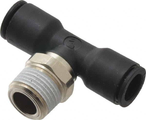 Legris - 10mm OD, 3/8 NPT, Nylon/Nickel Plated Brass Push-to-Connect Male Branch Tee - 290 Max psi, Black - Exact Tooling