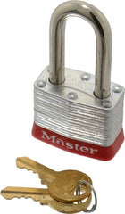 Master Lock - Keyed Alike Retaining Key Conductive Lockout Padlock - 1-1/2" Shackle Clearance, 9/32" Shackle Diam, 1-1/4" Body Height x 1-9/16" Body Width, Red, 4 Pins - Exact Tooling
