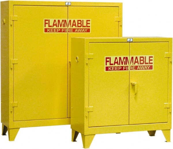 Strong Hold - 2 Door, 3 Shelf, Yellow Steel Standard Safety Cabinet for Flammable and Combustible Liquids - 65" High x 58" Wide x 18" Deep, Manual Closing Door, 60 Gal Capacity - Exact Tooling