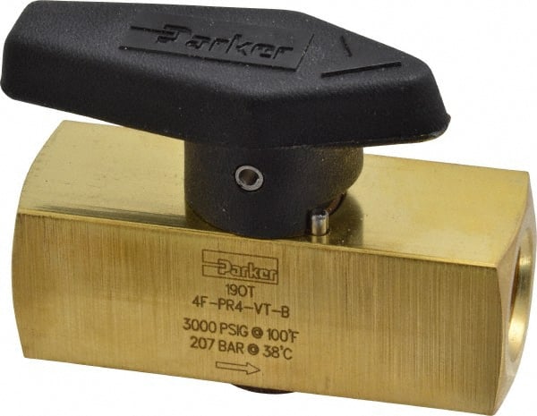 Parker - 1/4" Pipe, 3,000 psi WOG Rating, Brass, Inline, One Way Instrumentation Plug Valve - Wedge Handle, FNPT x FNPT End Connections, Viton Seal - Exact Tooling