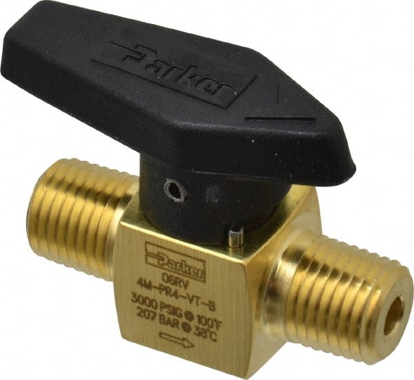 Parker - 1/4" Pipe, 3,000 psi WOG Rating, Brass, Inline, One Way Instrumentation Plug Valve - Wedge Handle, MNPT x MNPT End Connections, Viton Seal - Exact Tooling