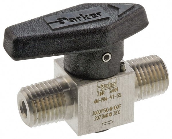 Parker - 1/2" Pipe, 3,000 psi WOG Rating, 316 Stainless Steel, Inline, One Way Instrumentation Plug Valve - Wedge Handle, MNPT x MNPT End Connections, Viton Seal - Exact Tooling