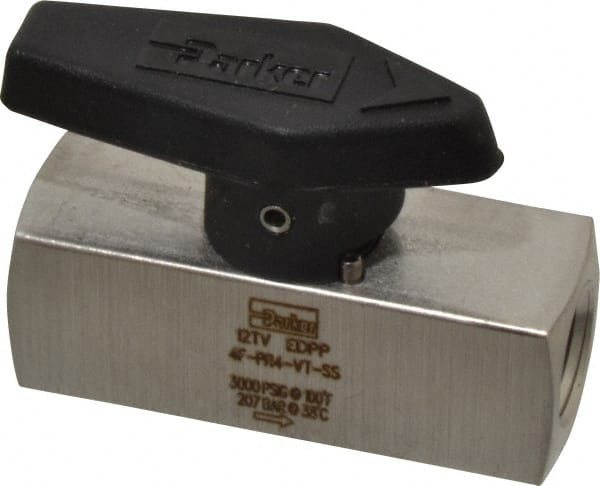 Parker - 1/4" Pipe, 3,000 psi WOG Rating, 316 Stainless Steel, Inline, One Way Instrumentation Plug Valve - Wedge Handle, FNPT x FNPT End Connections, Viton Seal - Exact Tooling