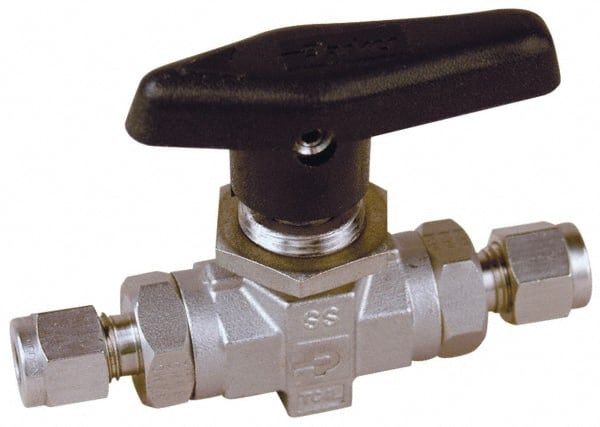 Parker - 1/8" Pipe, Stainless Steel, Inline, Two Way Flow, Instrumentation Ball Valve - 6,000 psi WOG Rating, Wedge Handle, PTFE Seal, PTFE Seat - Exact Tooling