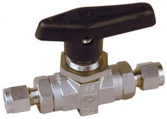 Parker - 1/2" Pipe, Stainless Steel, Inline, Two Way Flow, Instrumentation Ball Valve - 6,000 psi WOG Rating, Wedge Handle, PTFE Seal, PTFE Seat - Exact Tooling