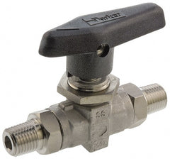 Parker - 1/8" Pipe, MNPT x MNPT End Connections, Stainless Steel, Inline, Two Way Flow, Instrumentation Ball Valve - 6,000 psi WOG Rating, Wedge Handle, PTFE Seal, PTFE Seat - Exact Tooling