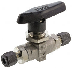 Parker - 1/2" Pipe, Compression x Compression CPI End Connections, Stainless Steel, Inline, Two Way Flow, Instrumentation Ball Valve - 6,000 psi WOG Rating, Wedge Handle, PTFE Seal, PTFE Seat - Exact Tooling