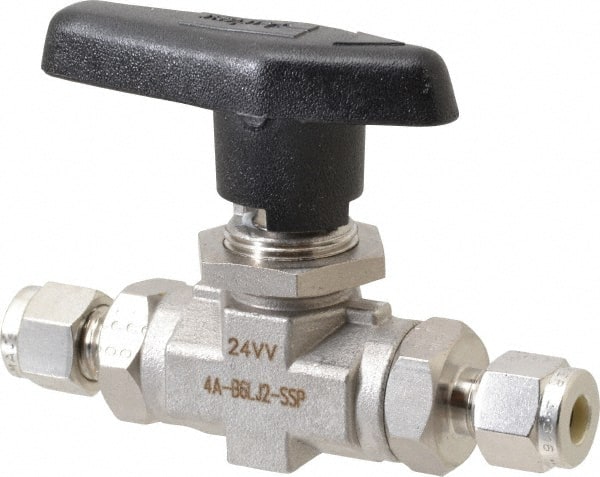 Parker - 1/4" Pipe, Stainless Steel, Inline, Two Way Flow, Instrumentation Ball Valve - 6,000 psi WOG Rating, Wedge Handle, PTFE Seal, PTFE Seat - Exact Tooling