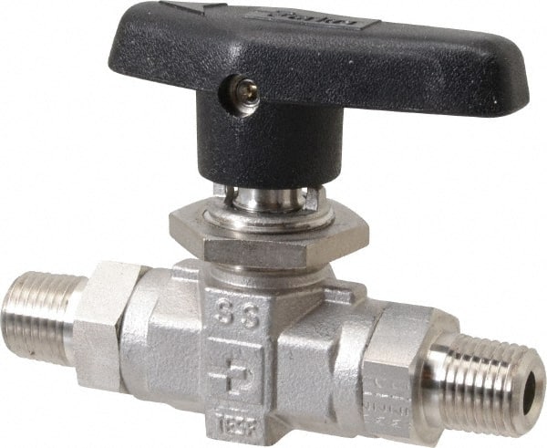 Parker - 1/4" Pipe, MNPT x MNPT End Connections, Stainless Steel, Inline, Two Way Flow, Instrumentation Ball Valve - 6,000 psi WOG Rating, Wedge Handle, PTFE Seal, PTFE Seat - Exact Tooling
