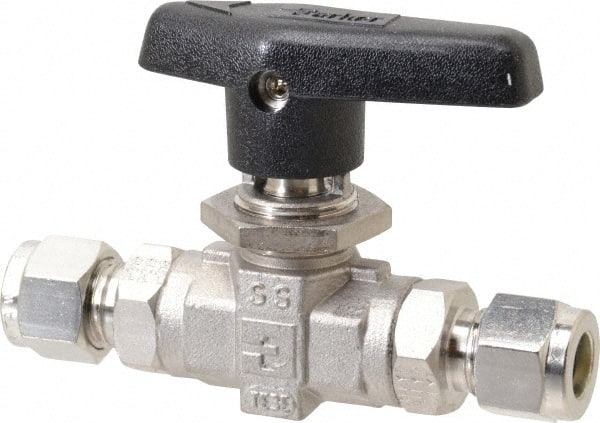 Parker - 3/8" Pipe, Stainless Steel, Inline, Two Way Flow, Instrumentation Ball Valve - 6,000 psi WOG Rating, Wedge Handle, PTFE Seal, PTFE Seat - Exact Tooling